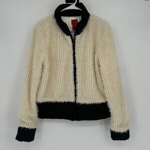 80s Vintage Jacket Mock Neck Quilted Accent Cream & Black Shag Lined  Women’s XL